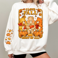 White sweatshirt with 'I Love Fall Most of All' graphic featuring cartoon bears and pumpkins. cozy-fall-bear-sweatshirt