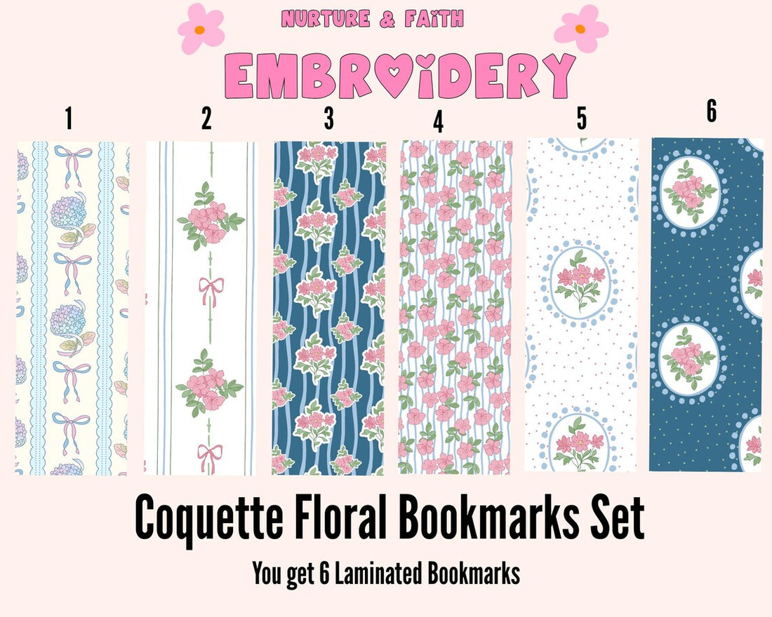 Hand holding four floral-patterned cards against a green leafy background.coquette-floral-bookmarks