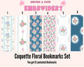 Coquette Floral Bookmarks Set with various patterns on a white background, featuring the brand 'Nurture & Faith Embroidery'.coquette-floral-bookmarks