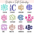 Collection of various monogram styles with names on a white background.custom-bridesmaid-jackets