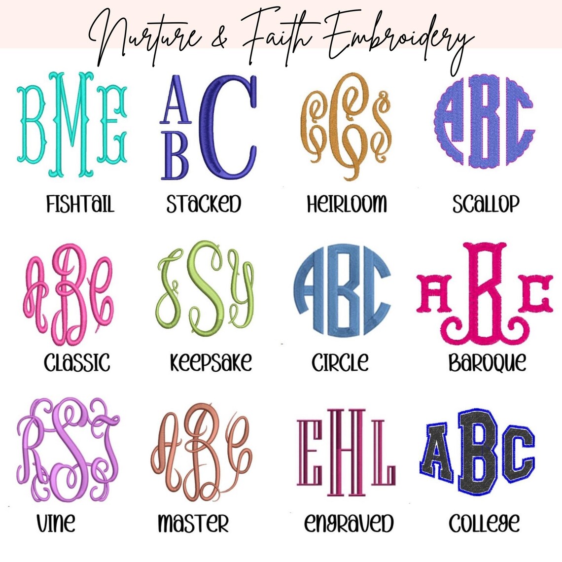 Collection of various monogram styles with names on a white background.custom-bridesmaid-jackets