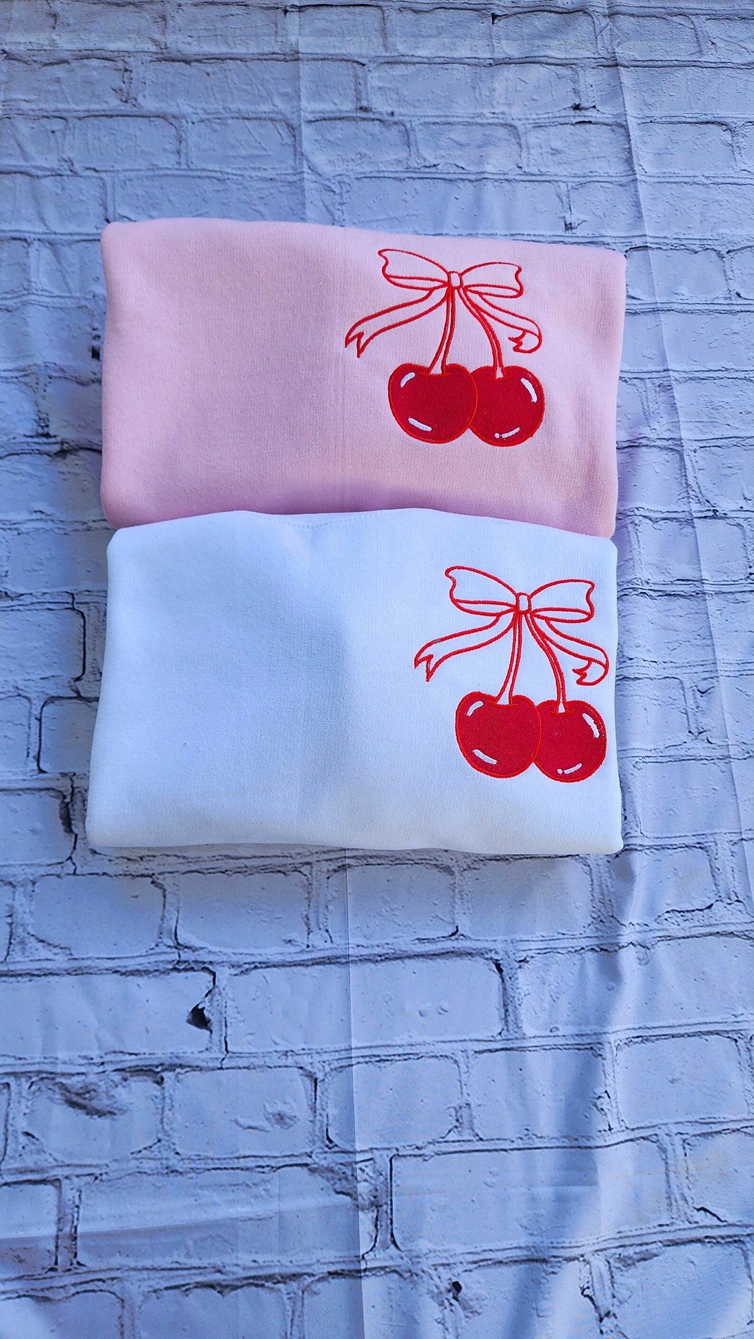 Pink & White Cherry Bow Sweatshirt – Embroidered Crewneck