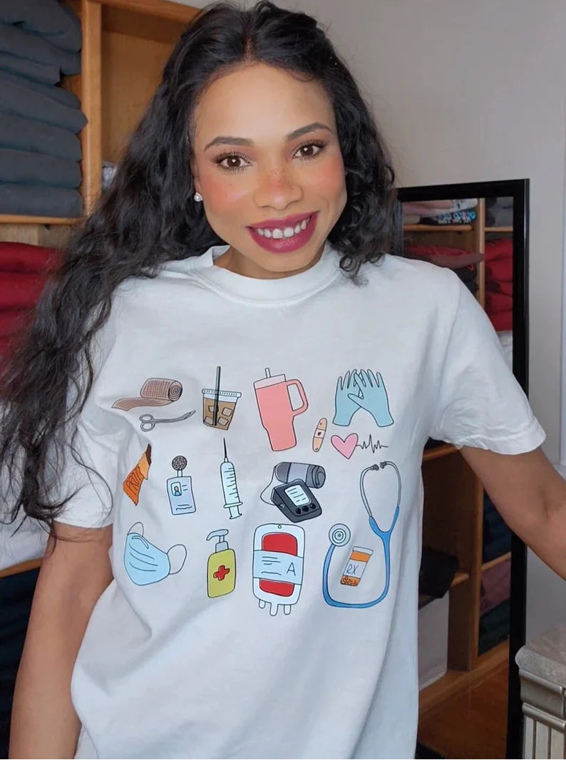 Short Sleeve Nurse T Shirts with Medical Doodles white
