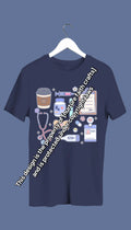 A navy blue sweatshirt with hand-drawn medical doodles including a stethoscope, syringe, band-aids, and a steaming cup of coffee.